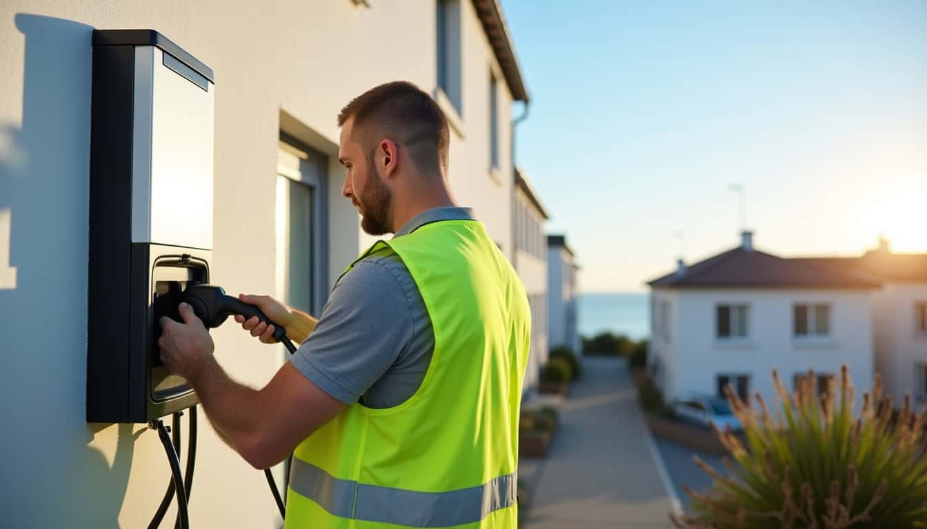 Électricien en train d'installer une borne de recharge à Octeville-sur-Mer