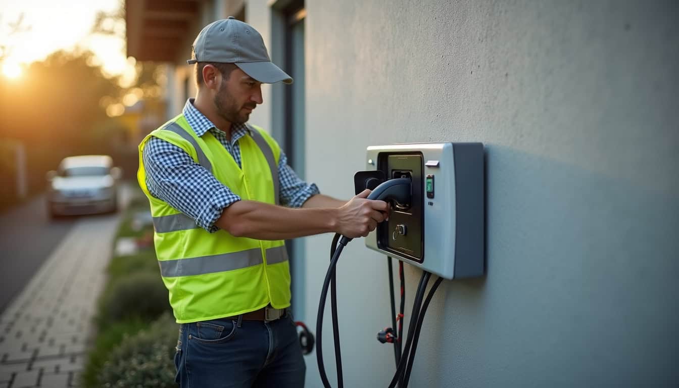 Électricien en train d'installer une borne de recharge à Petit-Noir