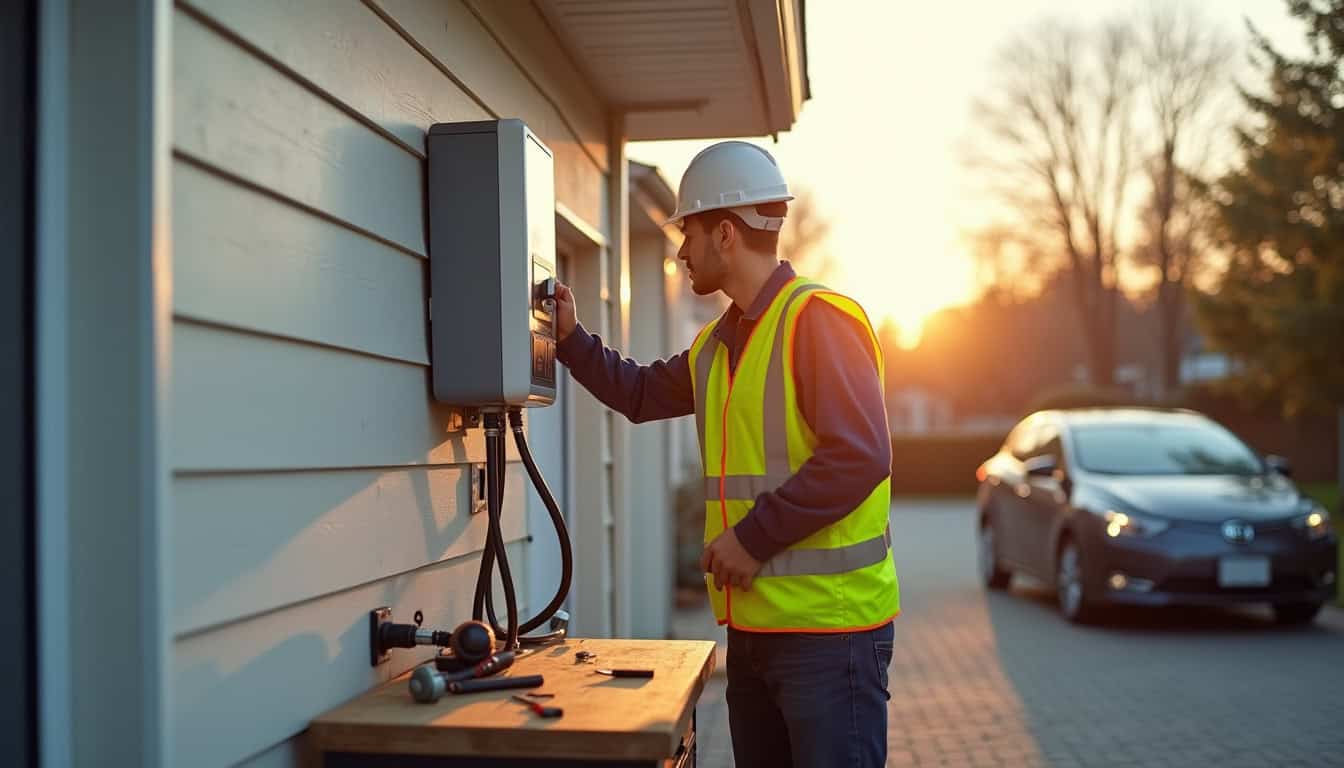 Électricien en train d'installer une borne de recharge à Pierrefonds