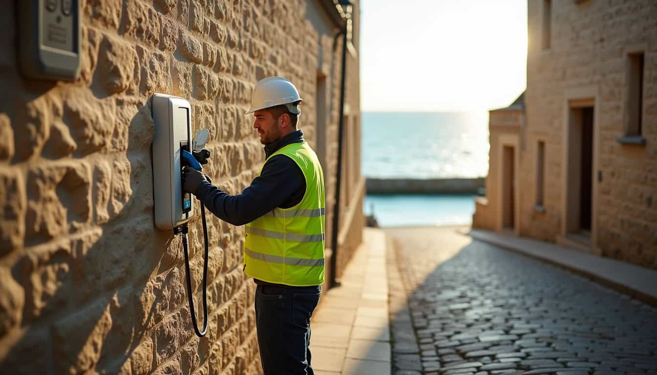 Électricien en train d’installer une borne de recharge à Roscoff