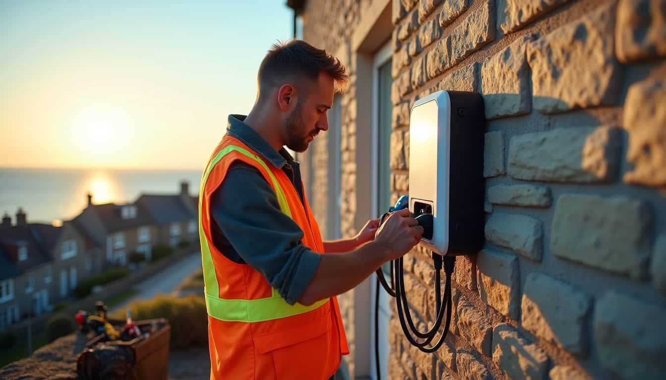 Électricien en train d’installer une borne de recharge à Saint-Briac-sur-Mer