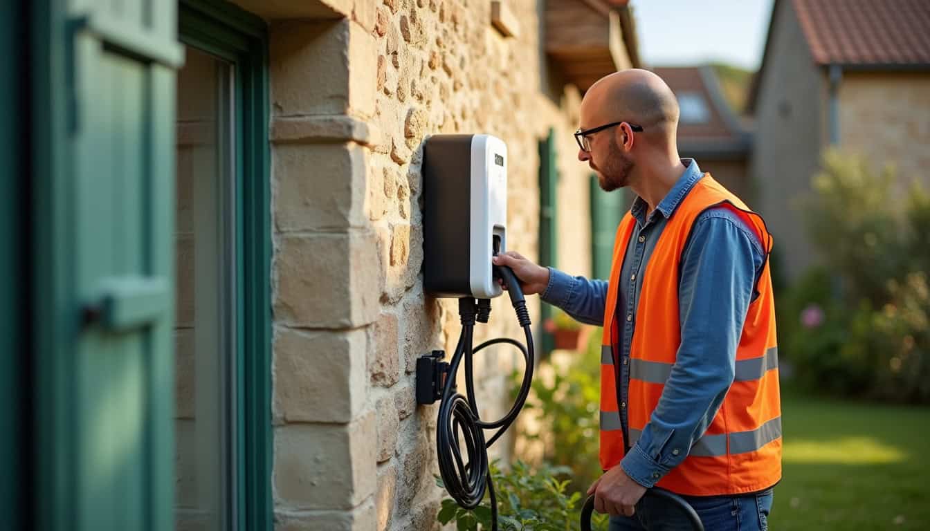 Électricien en train d'installer une borne de recharge à Saint-Germain-sur-Morin