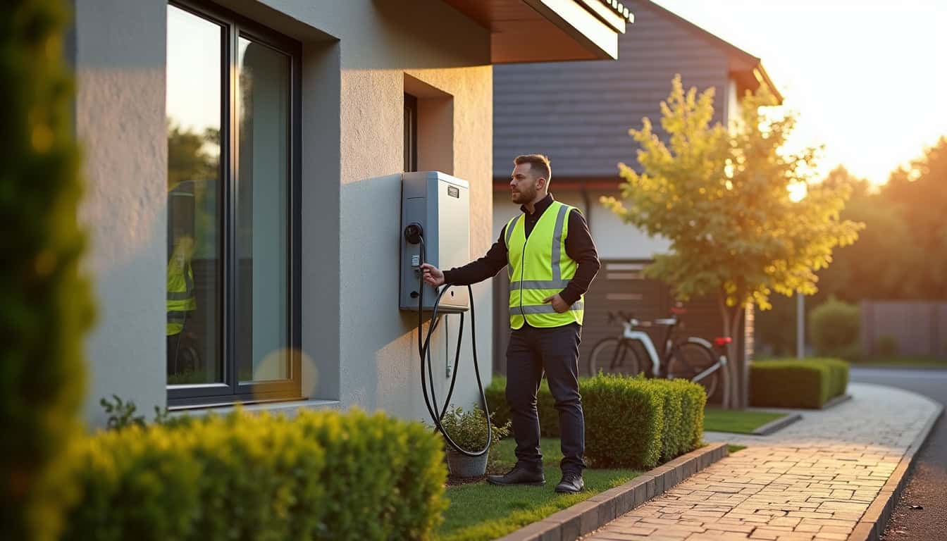 Électricien en train d'installer une borne de recharge à Saint-Sylvain