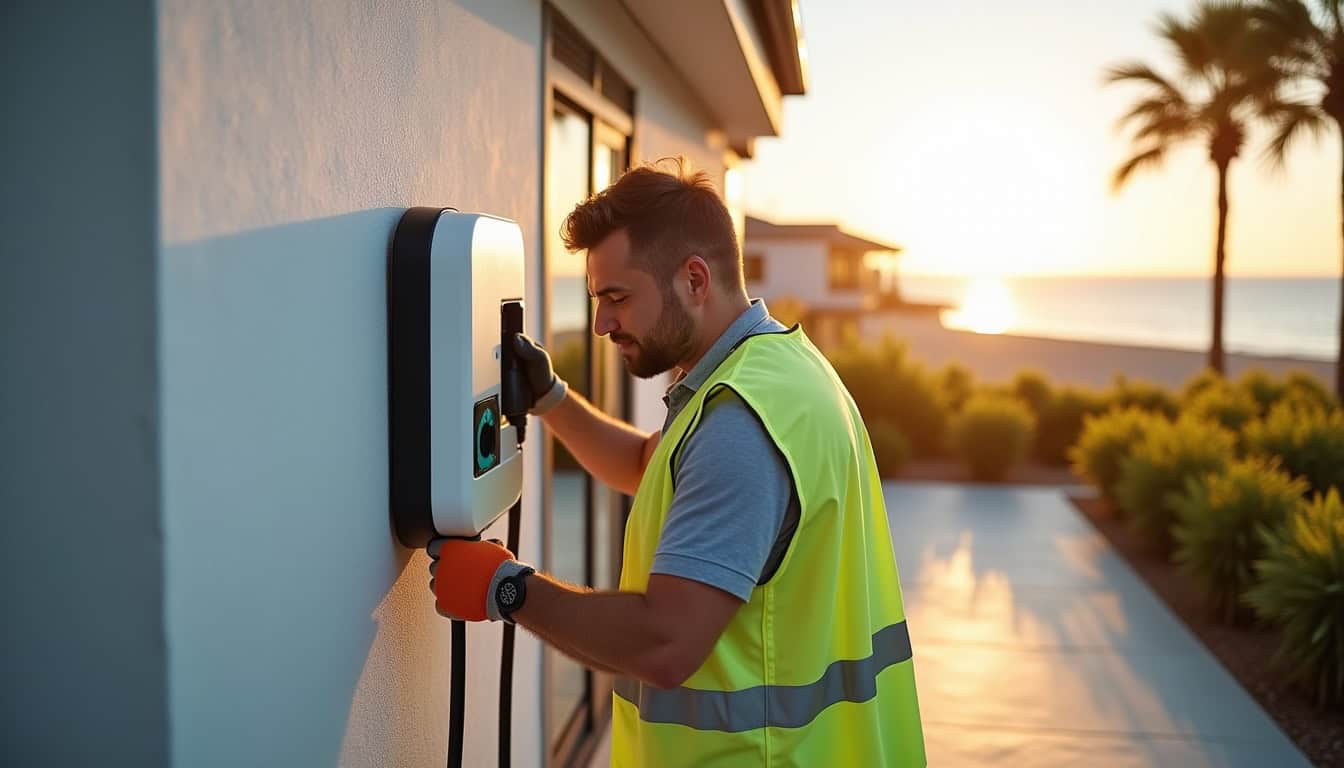 Électricien en train d’installer une borne de recharge à Sainte-Anne