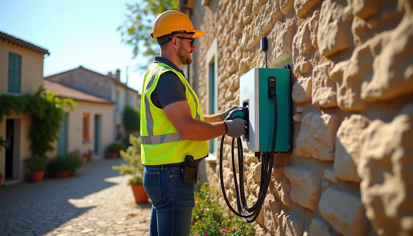 Électricien en train d'installer une borne de recharge à Salles