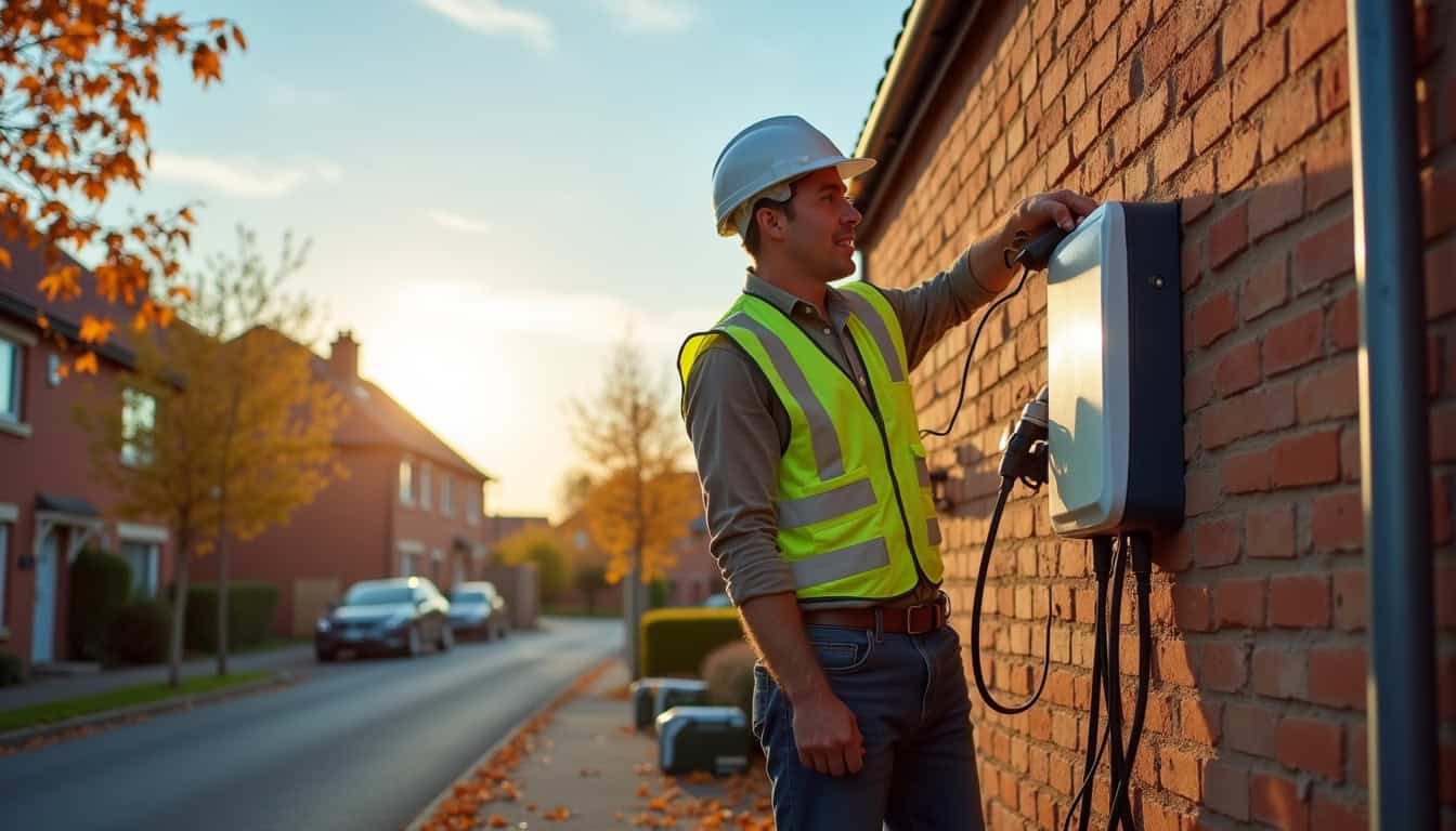 Électricien en train d'installer une borne de recharge à Tourville-sur-Arques