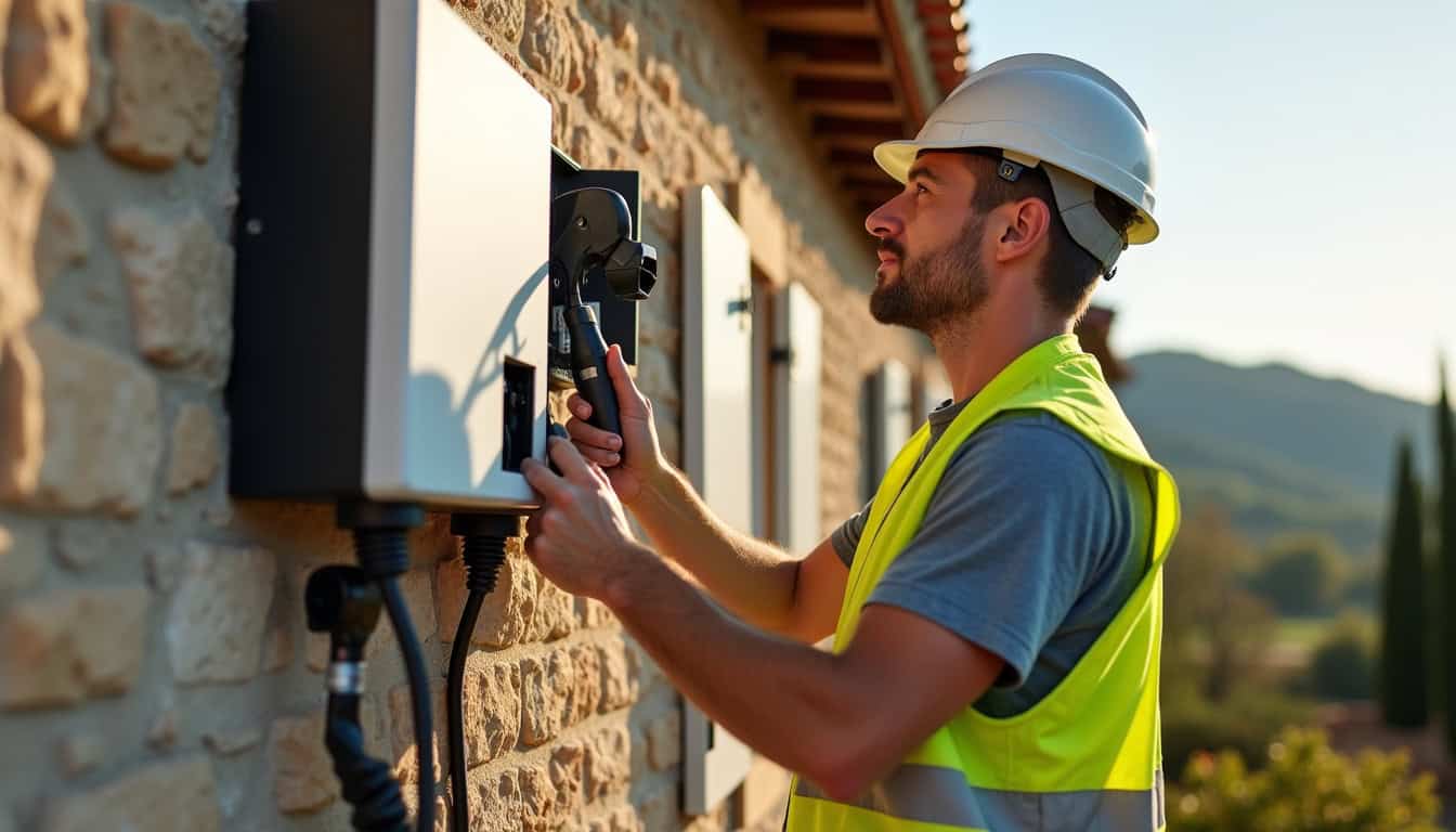 Électricien en train d’installer une borne de recharge à Villelongue-dels-Monts