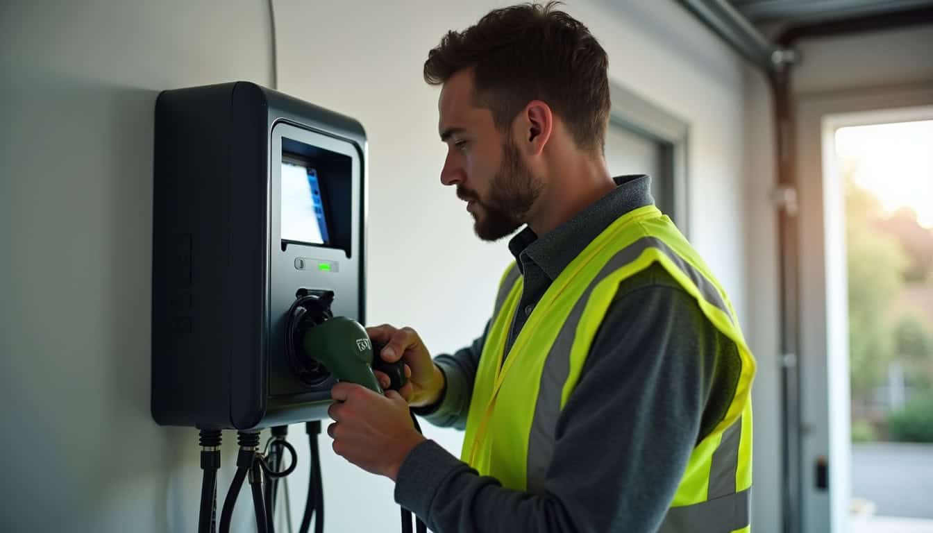 Électricien en train d'installer une borne de recharge avec son badge de certification IRVE visible