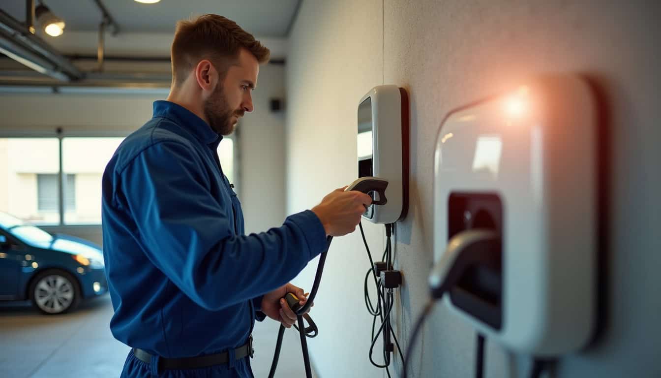Électricien en train d'installer une borne de recharge dans un garage à Bénesse-Maremne