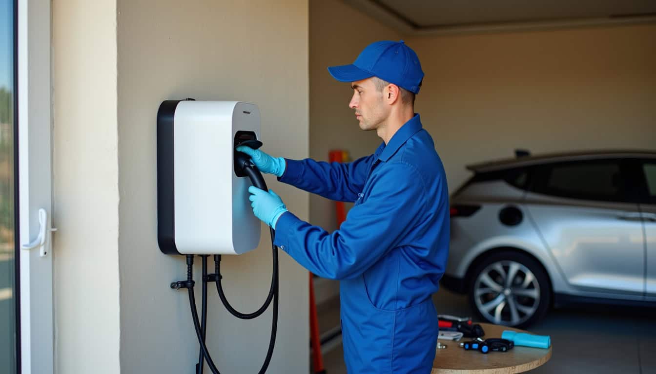 Électricien en train d'installer une borne de recharge dans un garage à Cavalaire-sur-Mer