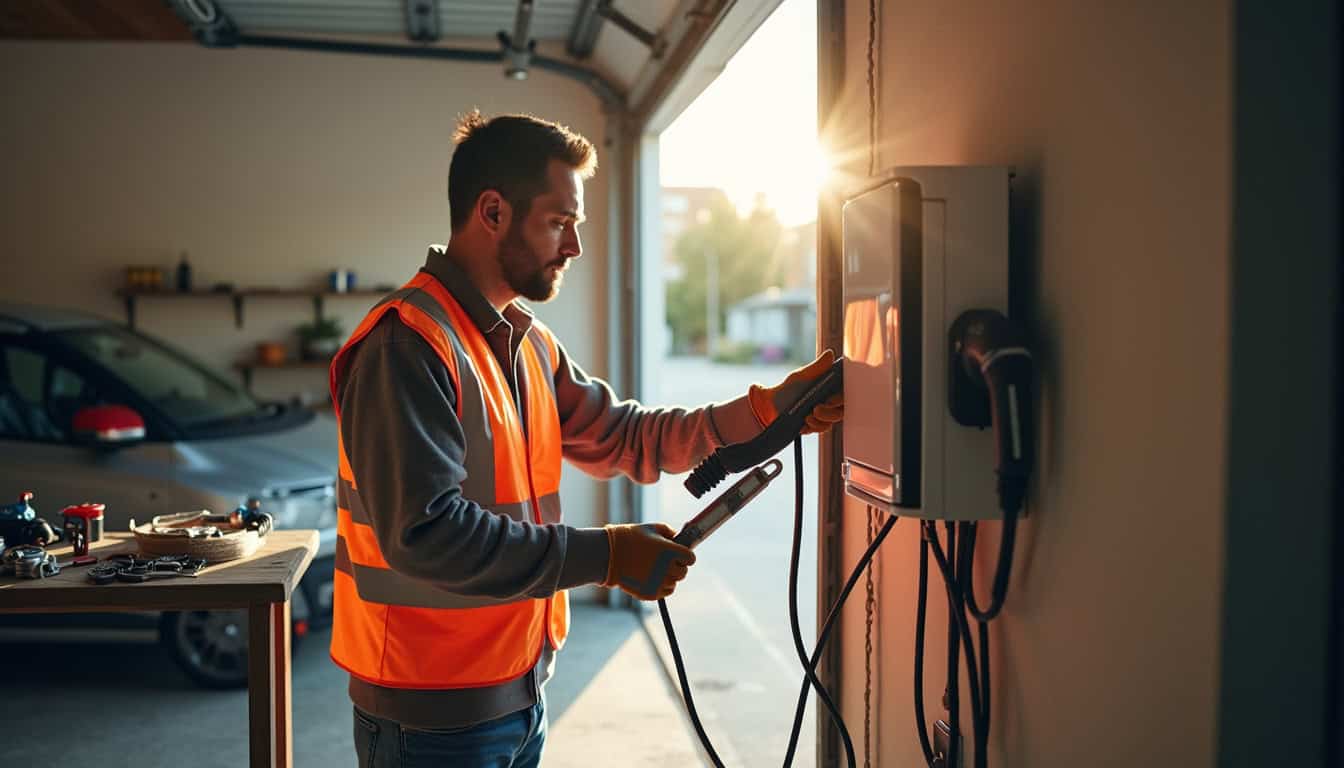 Électricien en train d’installer une borne de recharge dans un garage à Dhuizon