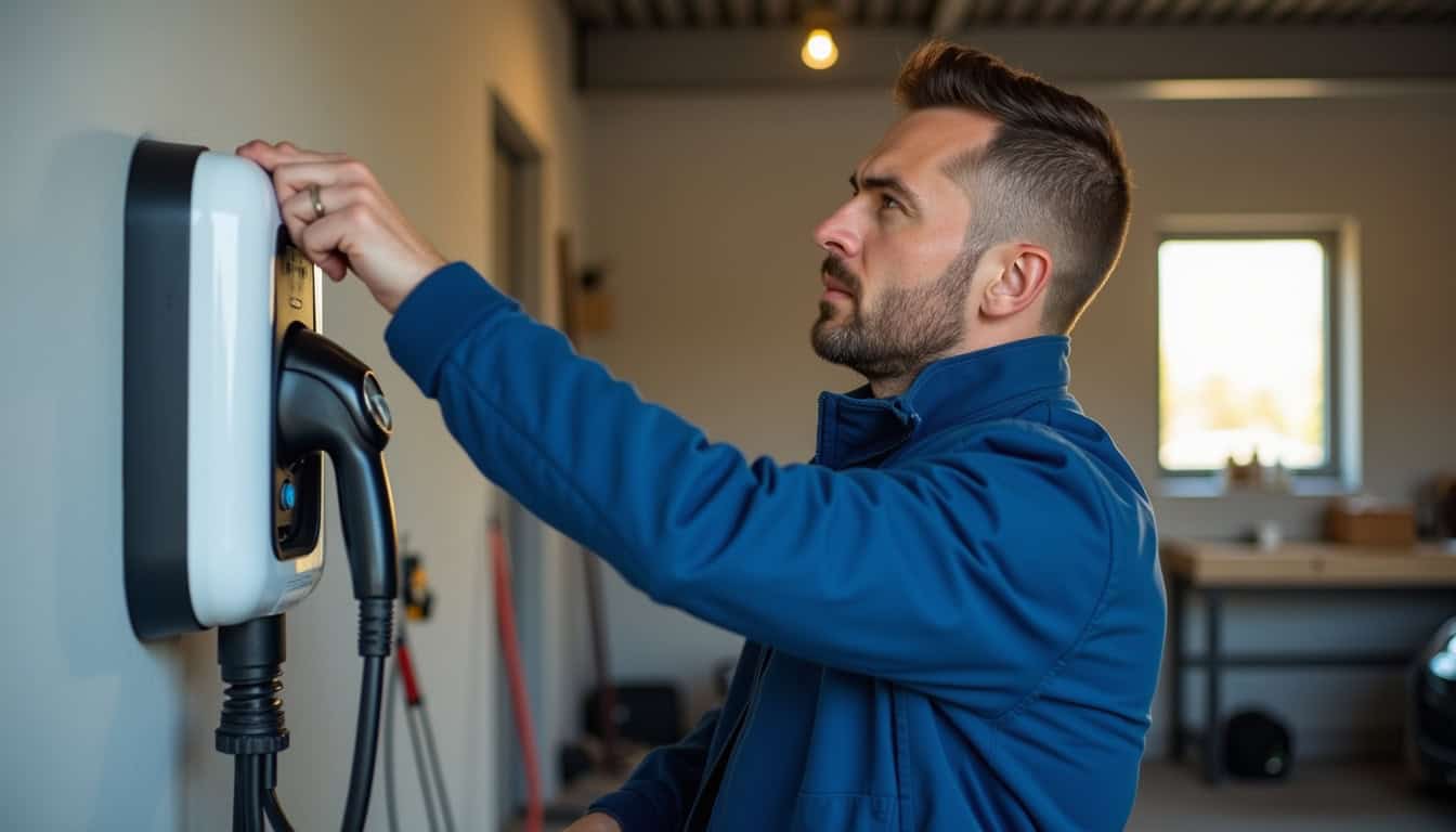 Électricien en train d’installer une borne de recharge dans un garage à Feins