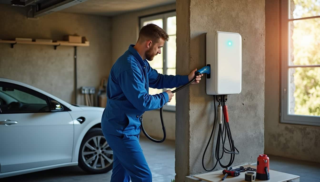 Électricien en train d’installer une borne de recharge dans un garage à La Garde-Freinet