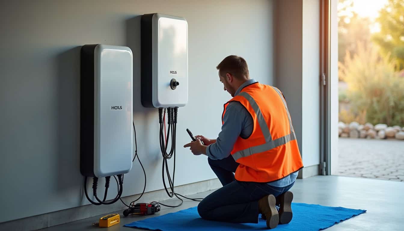 Électricien en train d’installer une borne de recharge dans un garage à Nemours