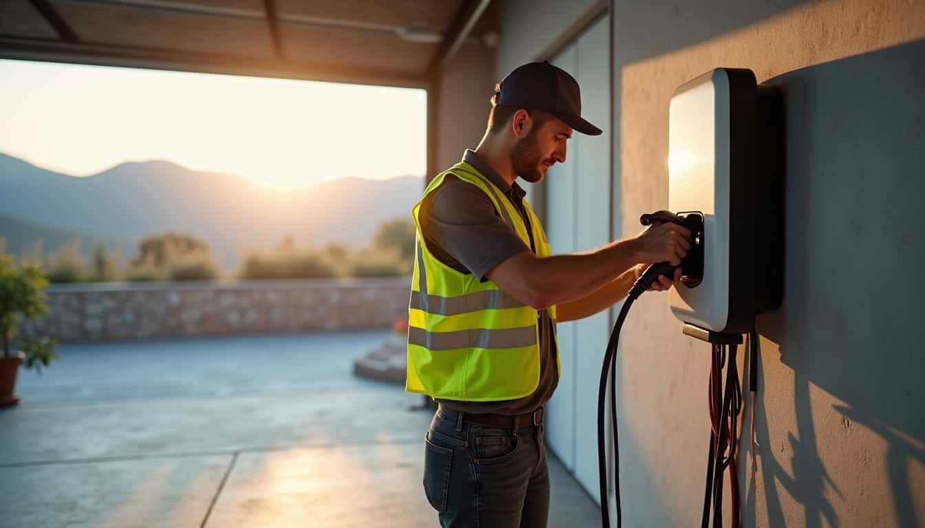 Électricien en train d'installer une borne de recharge dans un garage à Roussillon