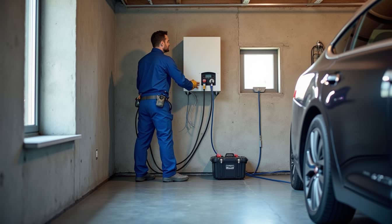Électricien en train d’installer une borne de recharge dans un garage à Saint-Laurent-des-Arbres