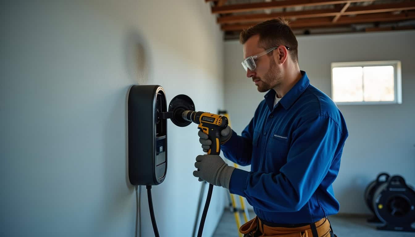Électricien en train d’installer une borne de recharge dans un garage à Saint-Maurice-sur-Fessard