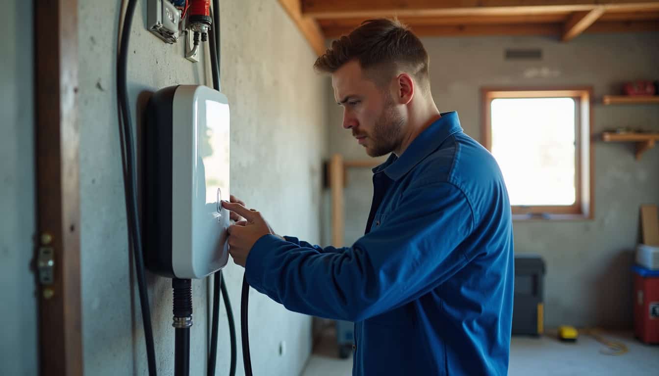Électricien en train d'installer une borne de recharge dans un garage à Vermenton