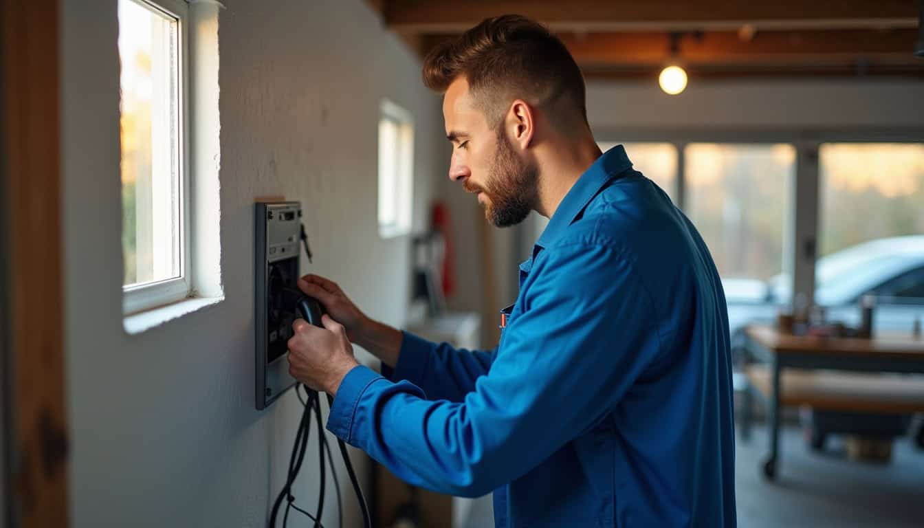 Électricien en train d’installer une borne de recharge dans un garage résidentiel