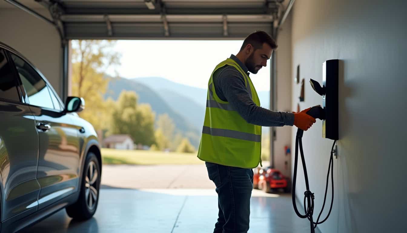 Électricien en train d'installer une borne de recharge dans une habitation à proximité de Riez