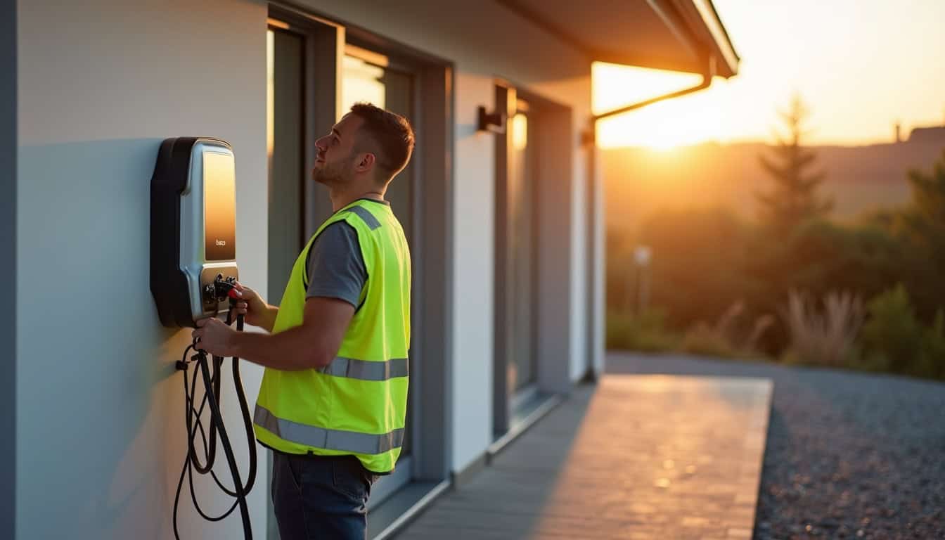 Électricien en train d'installer une borne de recharge dans une maison à Rivière-Saas-et-Gourby