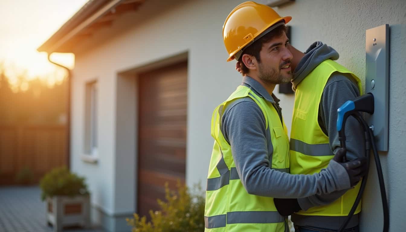 Électricien en train d’installer une borne de recharge dans une maison à Vermand