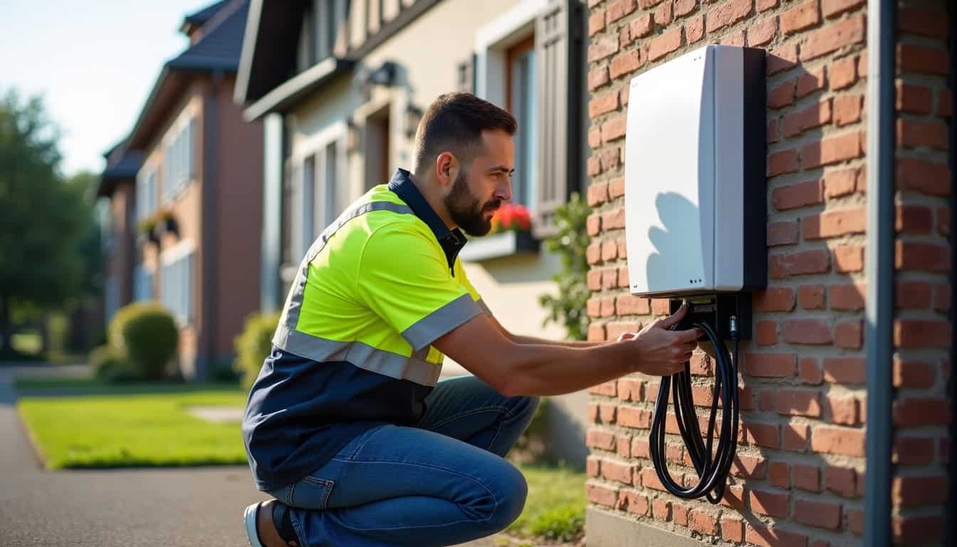 Électricien en train d’installer une borne de recharge devant une maison à Mussig