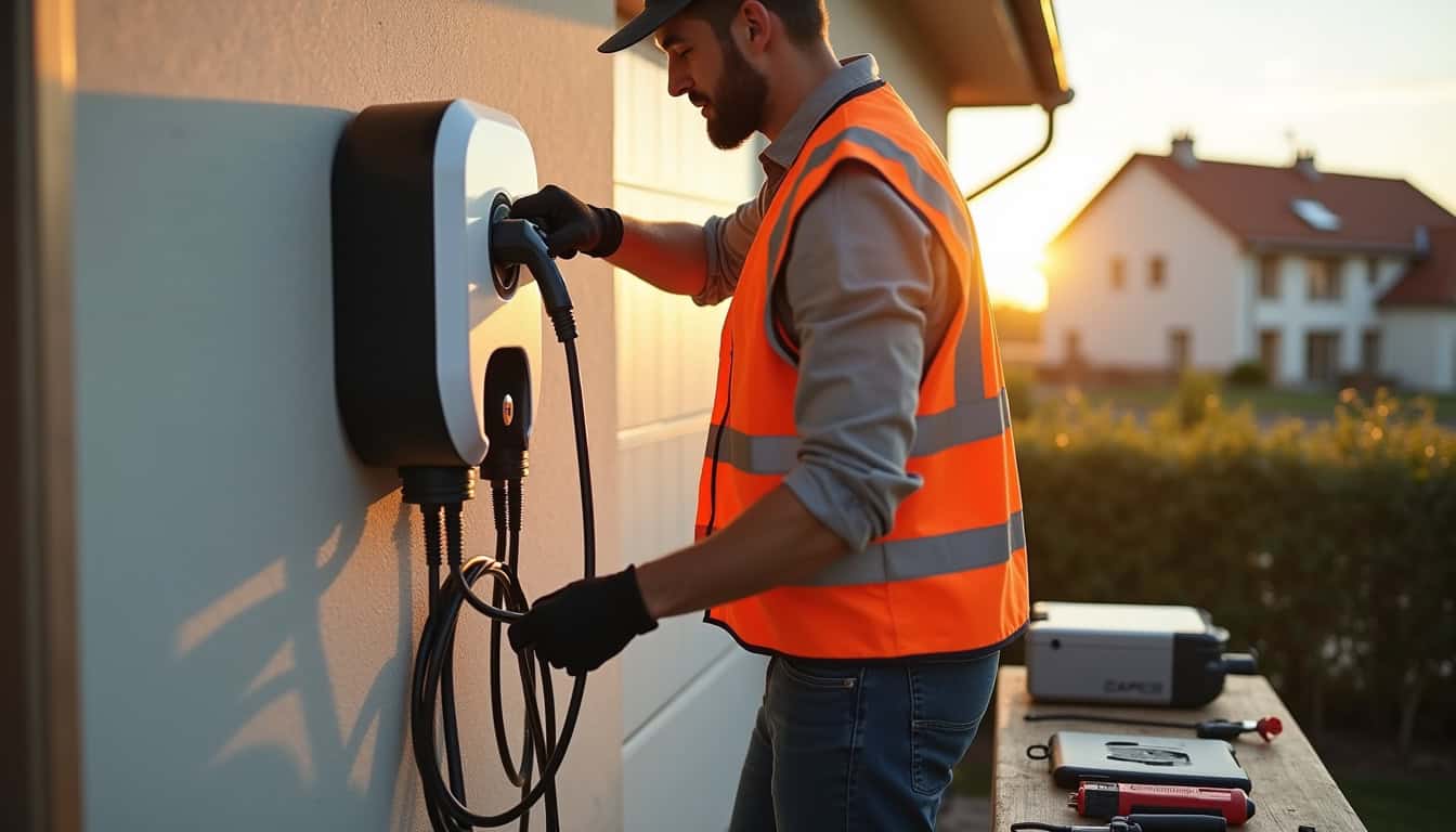 Électricien en train d'installer une borne de recharge domestique pour un véhicule électrique à Vivonne