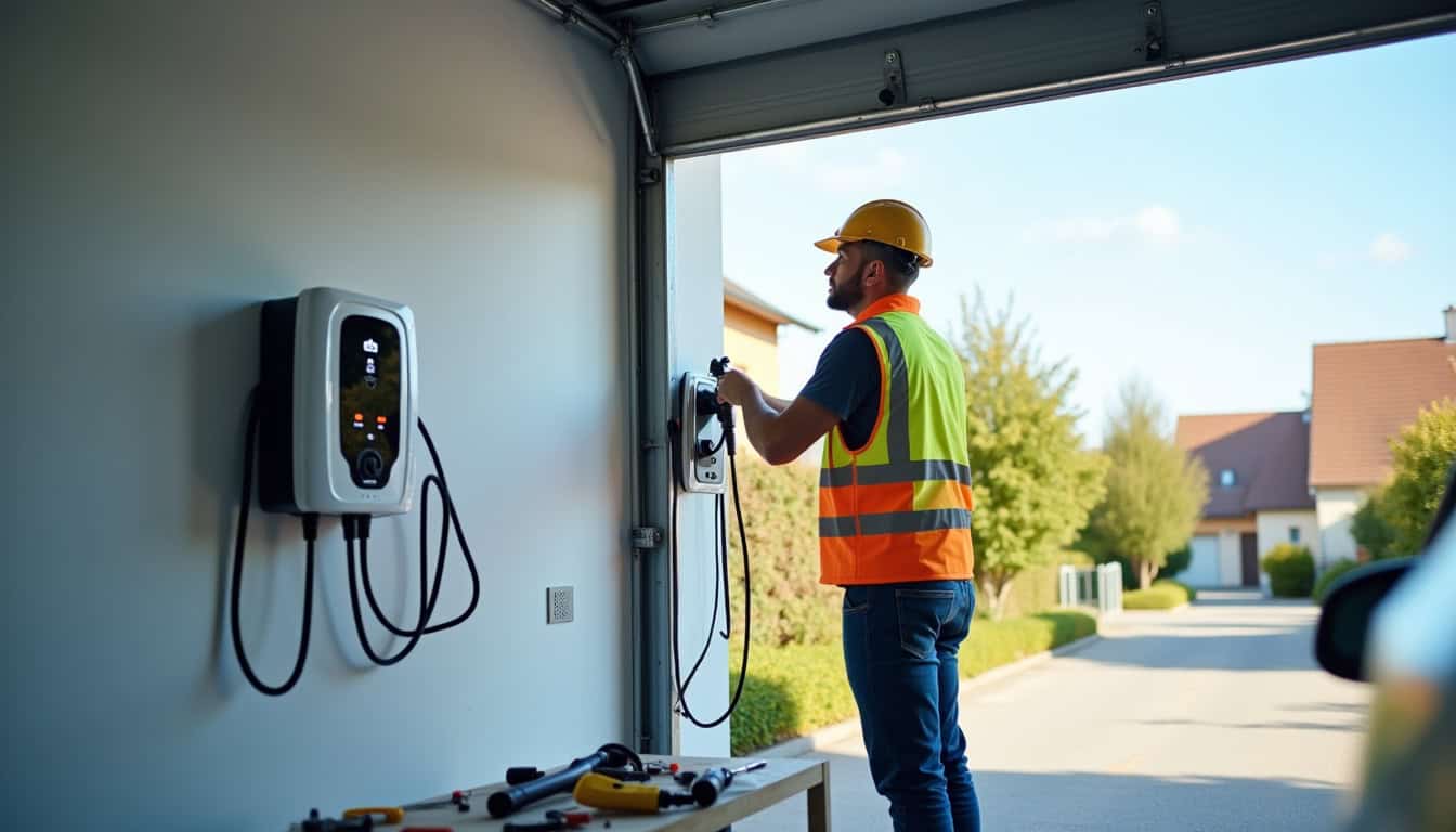 Électricien en train d'installer une borne de recharge électrique à Agen