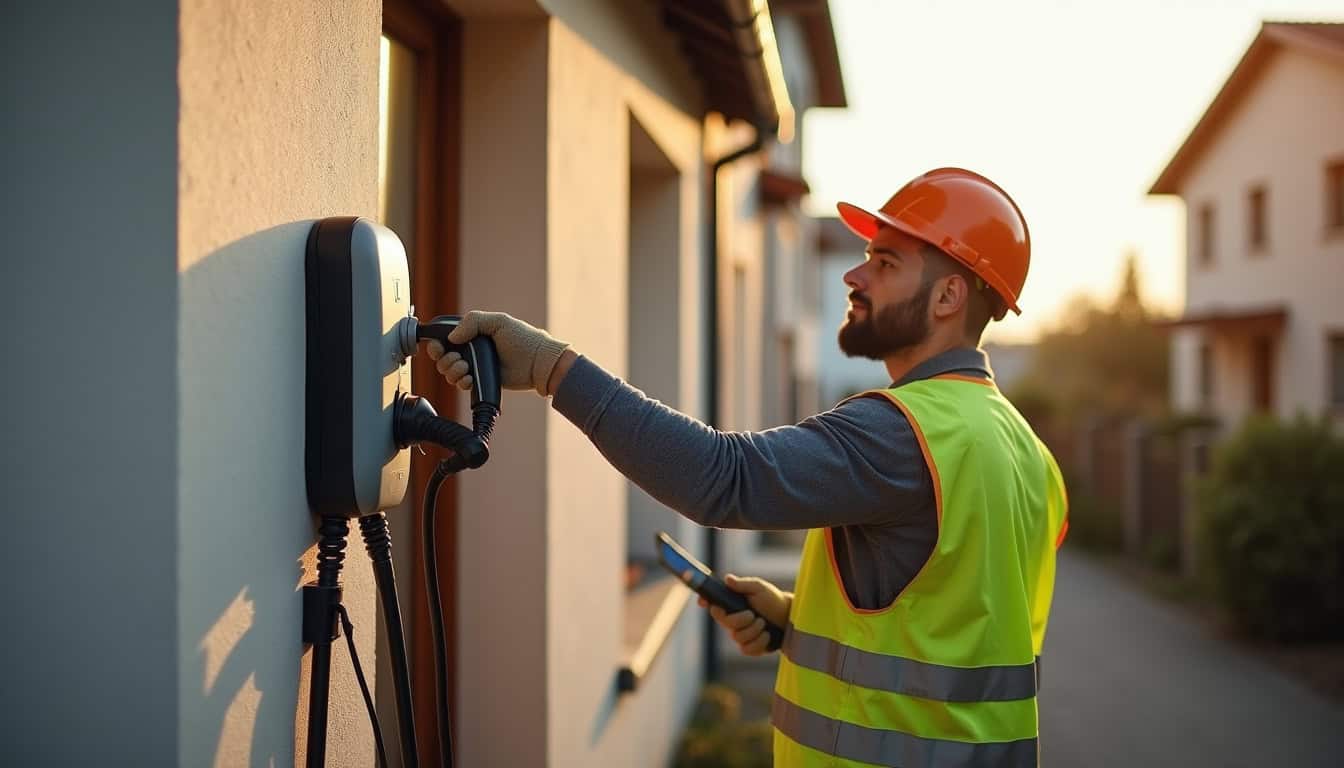 Électricien en train d'installer une borne de recharge électrique à Aureilhan