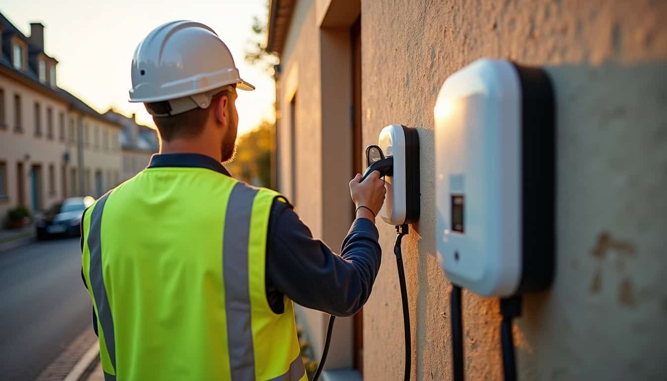 Électricien en train d'installer une borne de recharge électrique à Aveizieux