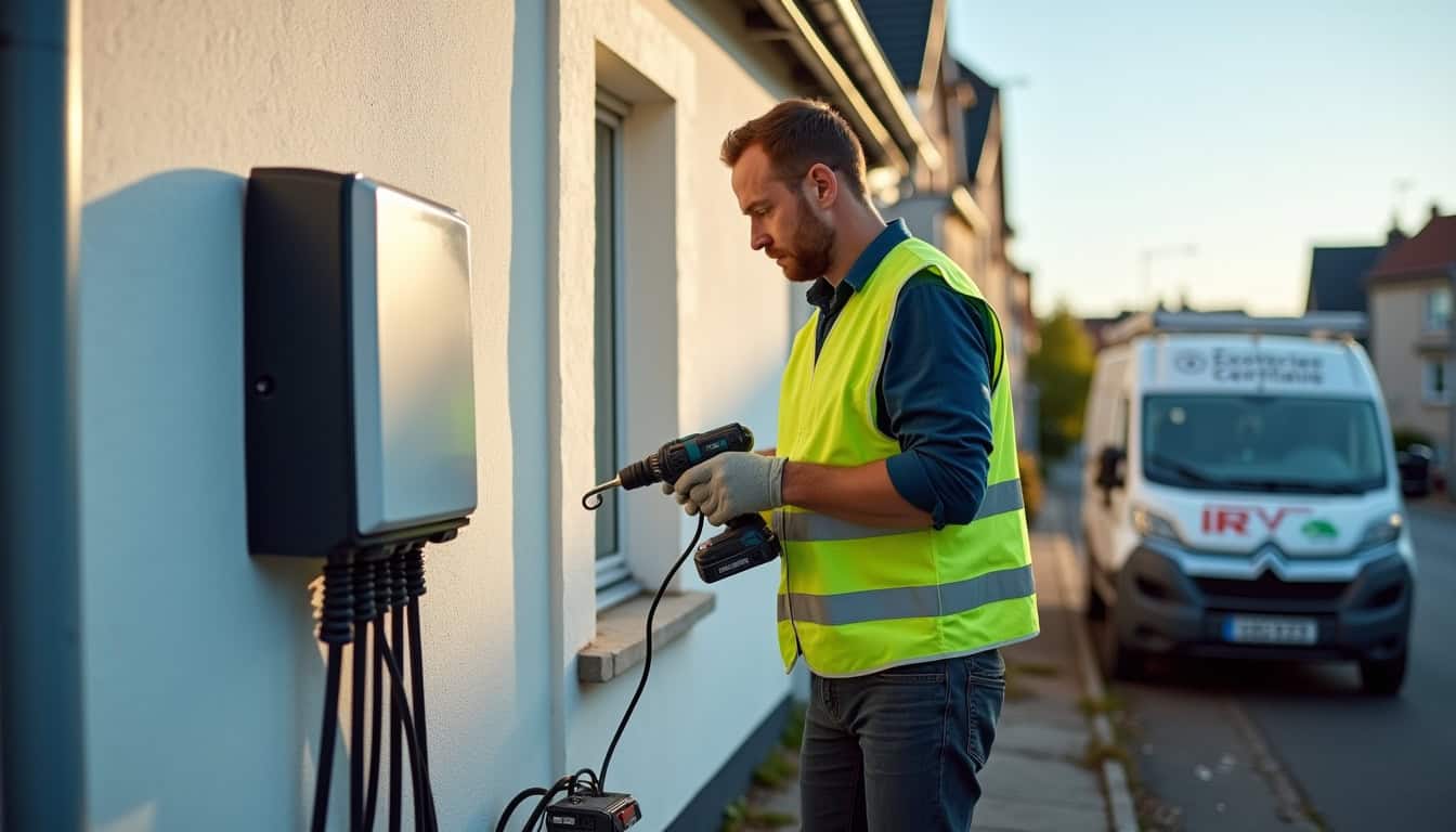 Électricien en train d'installer une borne de recharge électrique à Bernes-sur-Oise