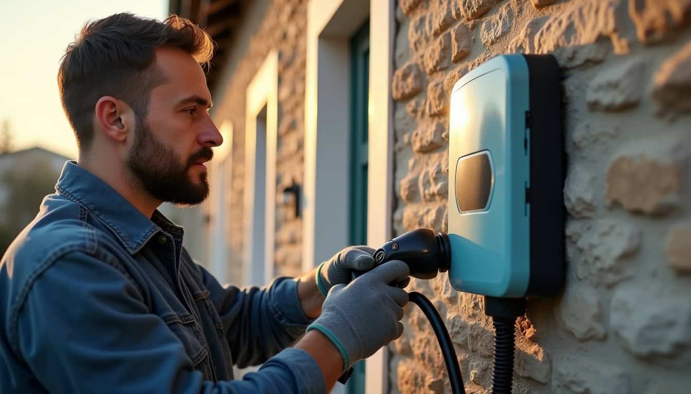 Électricien en train d'installer une borne de recharge électrique à Bidart, vue rapprochée du travail sur le mur extérieur