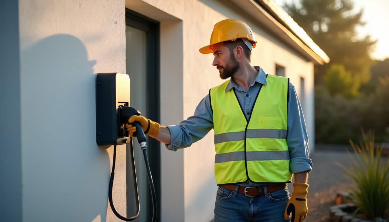 Électricien en train d’installer une borne de recharge électrique à Brissac Loire Aubance