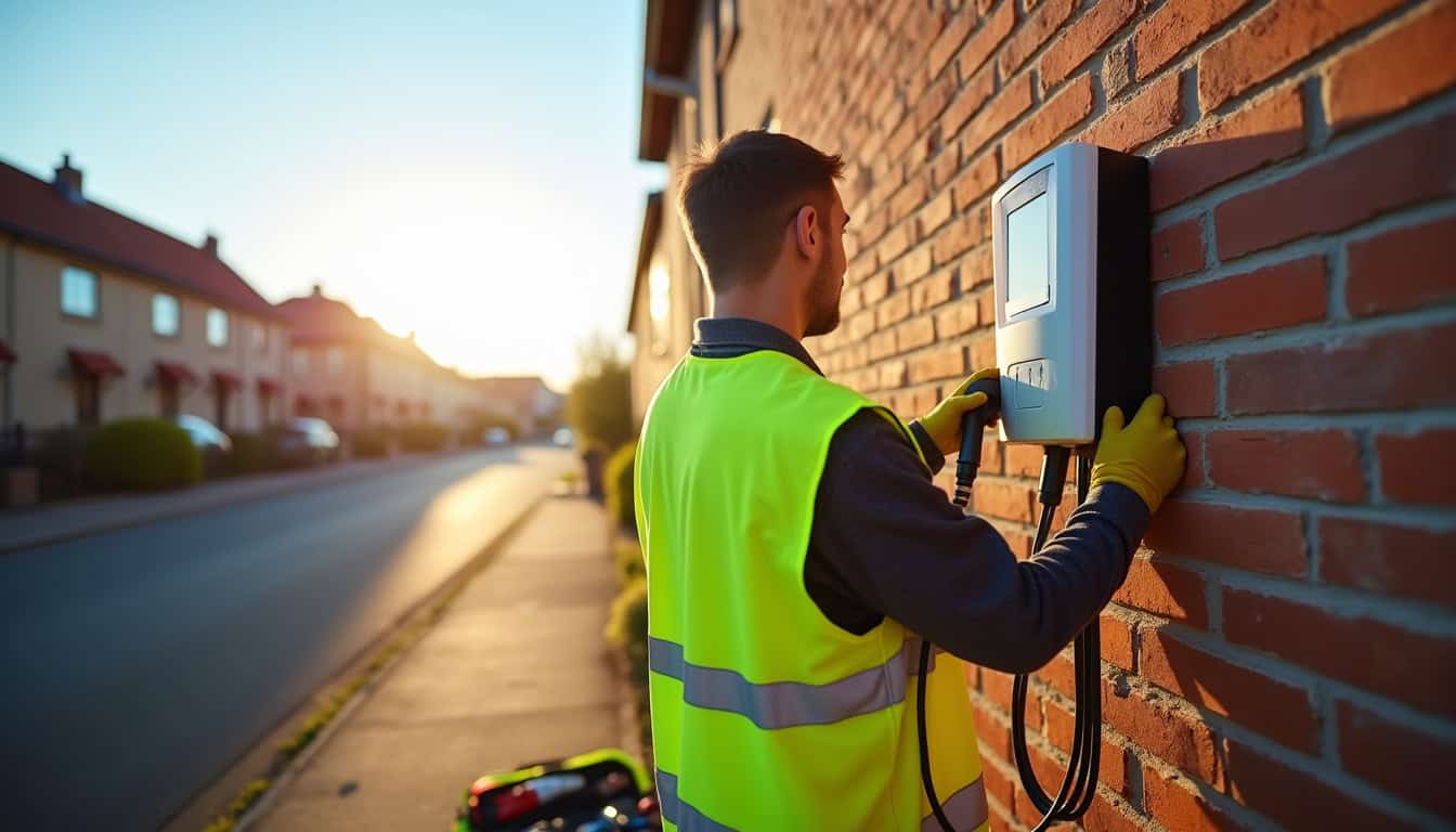 Électricien en train d'installer une borne de recharge électrique à Caudecoste