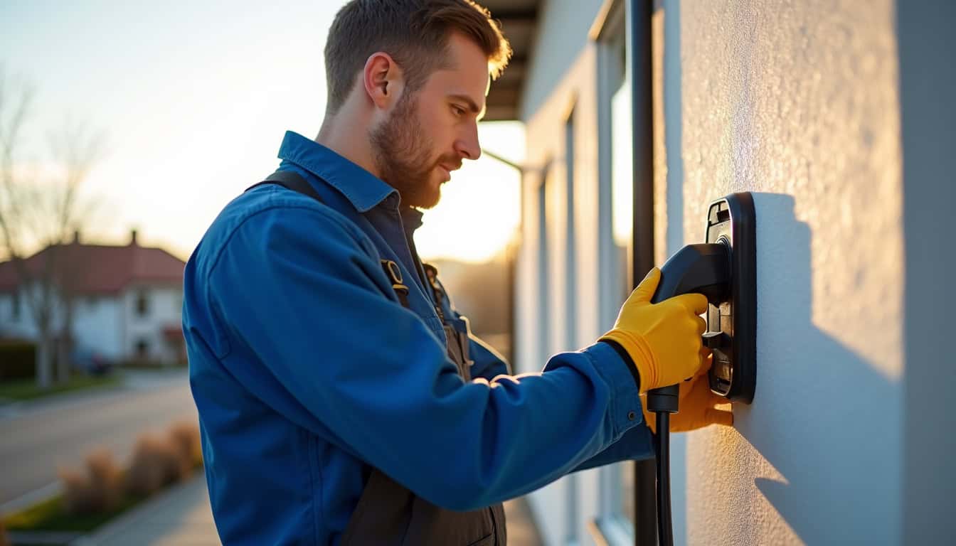Électricien en train d’installer une borne de recharge électrique à Fareins
