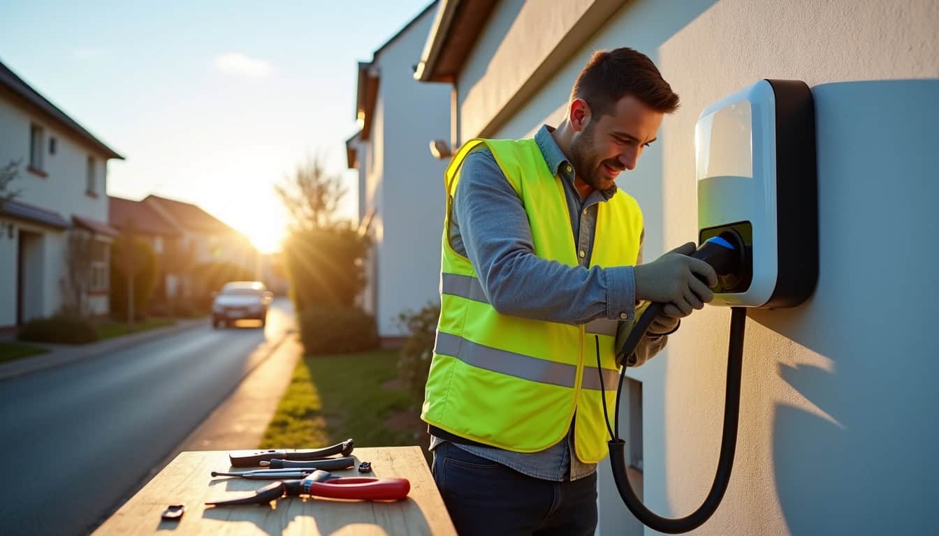 Électricien en train d'installer une borne de recharge électrique à Fontaine-lès-Luxeuil