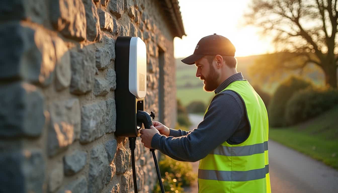 Électricien en train d’installer une borne de recharge électrique à Josselin