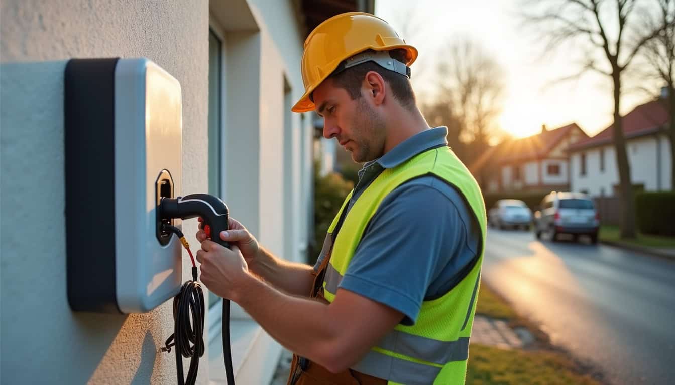 Électricien en train d'installer une borne de recharge électrique à La Ferté-Saint-Aubin