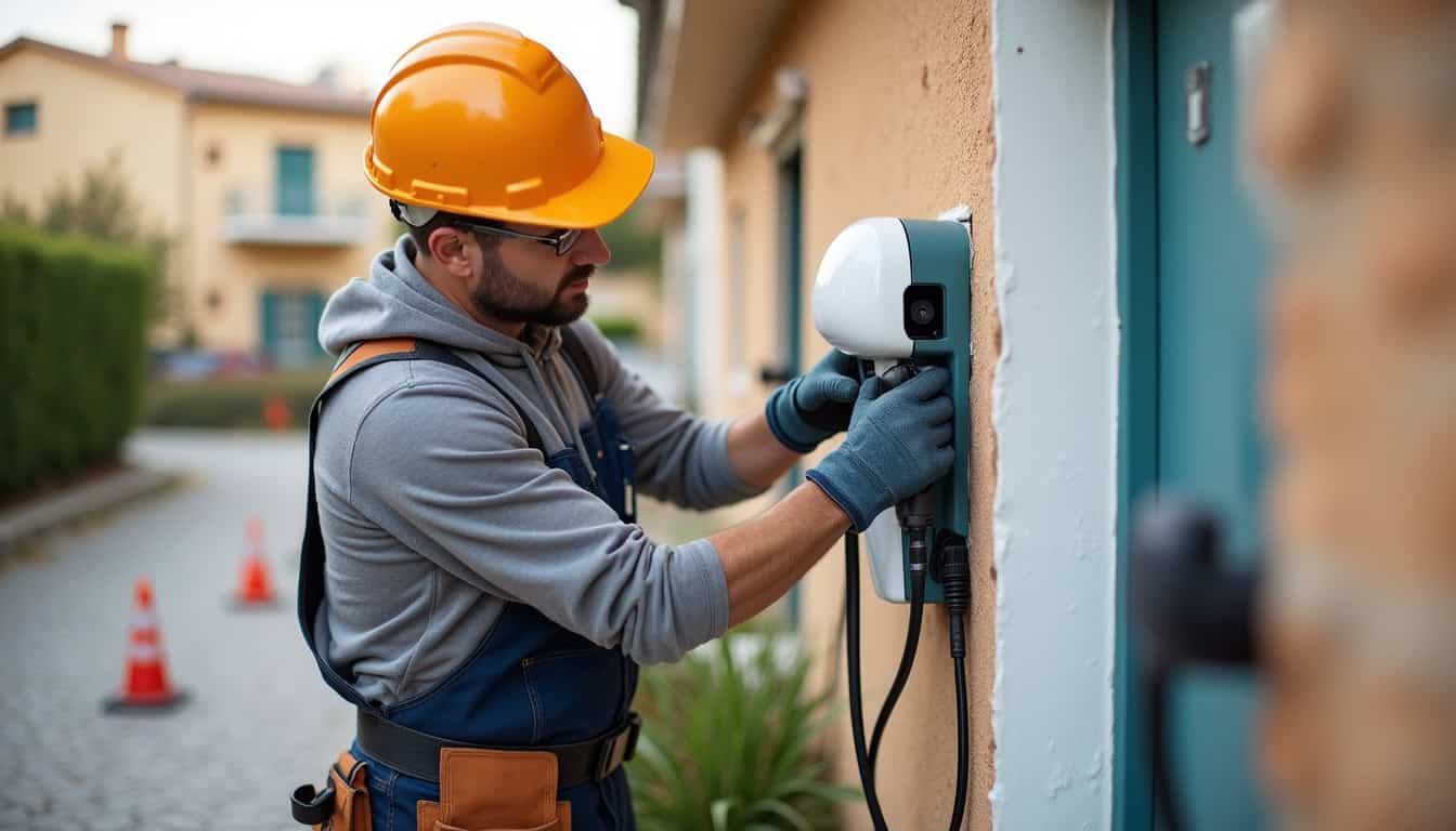 Électricien en train d’installer une borne de recharge électrique à Le Crès, en tenue de travail, avec outils et matériel de sécurité