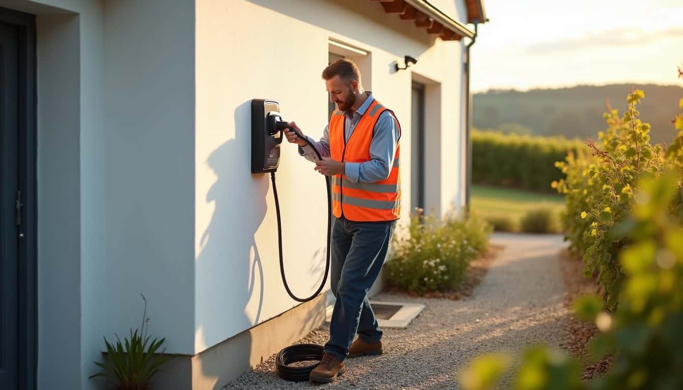 Électricien en train d'installer une borne de recharge électrique à Loupiac