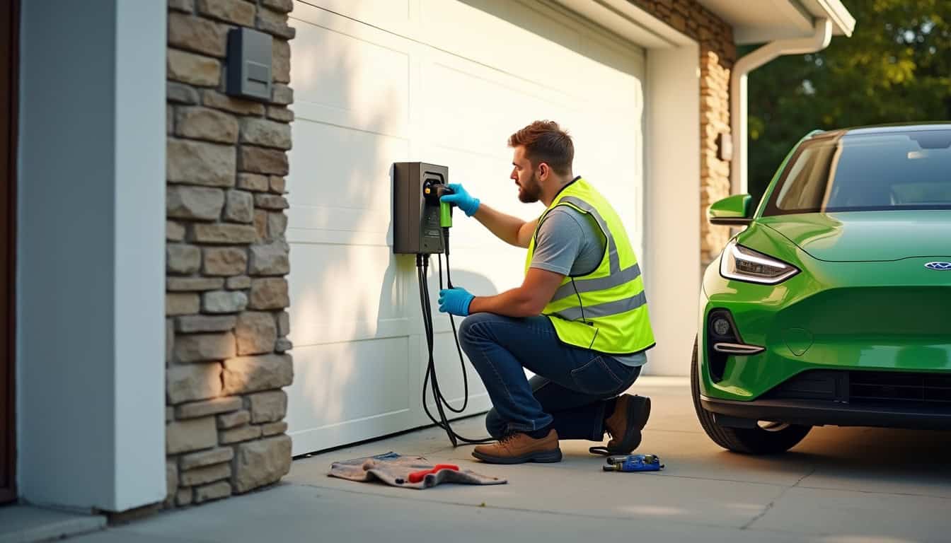 Électricien en train d'installer une borne de recharge électrique à Malville