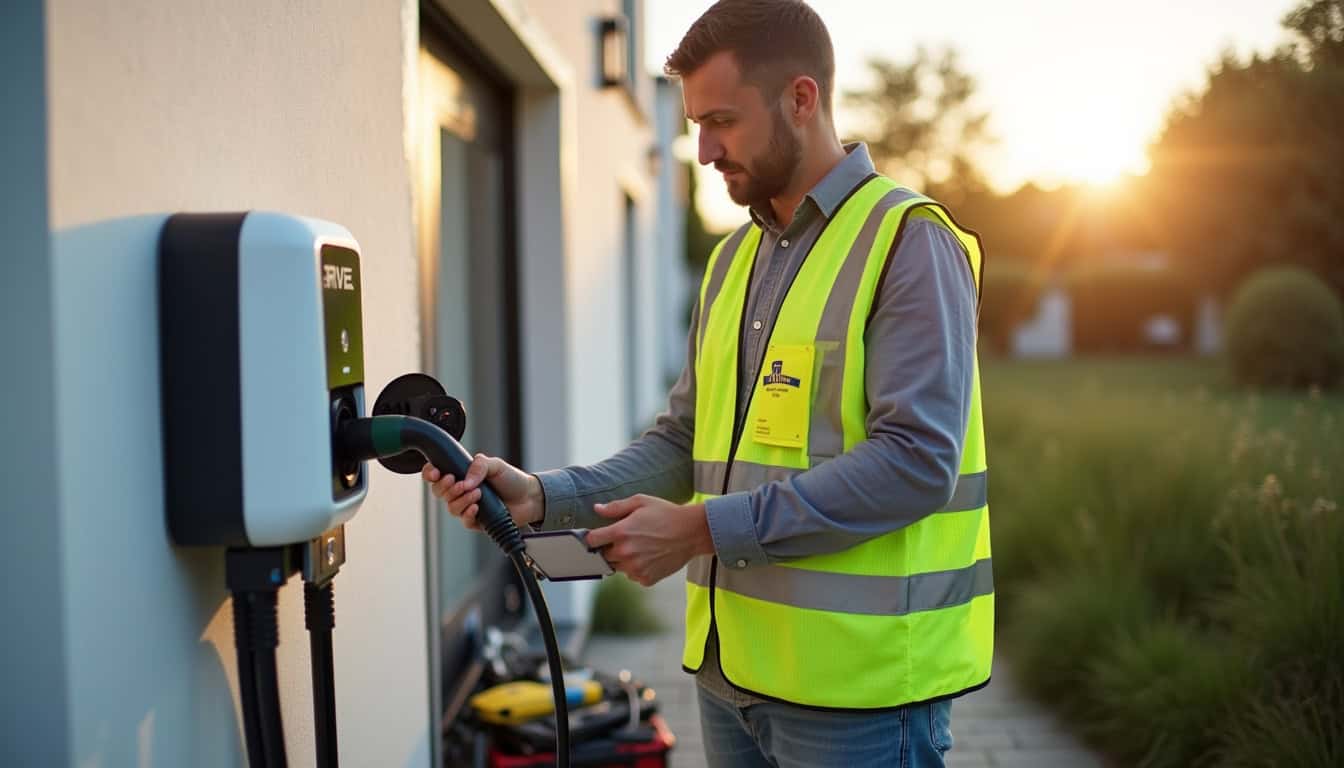 Électricien en train d'installer une borne de recharge électrique à Mauzac, équipé de certificats IRVE