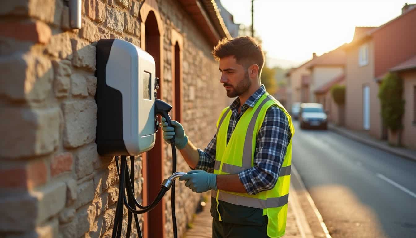 Électricien en train d'installer une borne de recharge électrique à Pezens