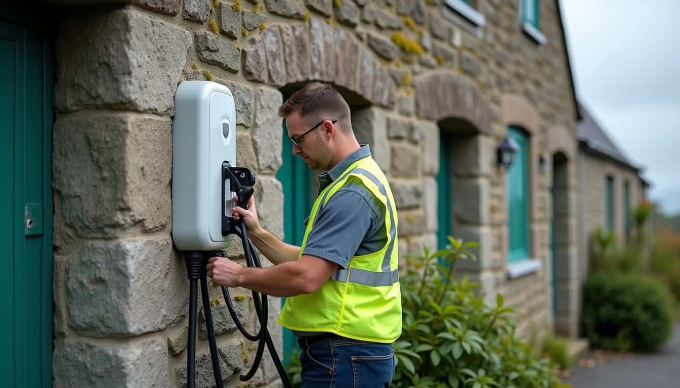 Électricien en train d'installer une borne de recharge électrique à Ploumilliau