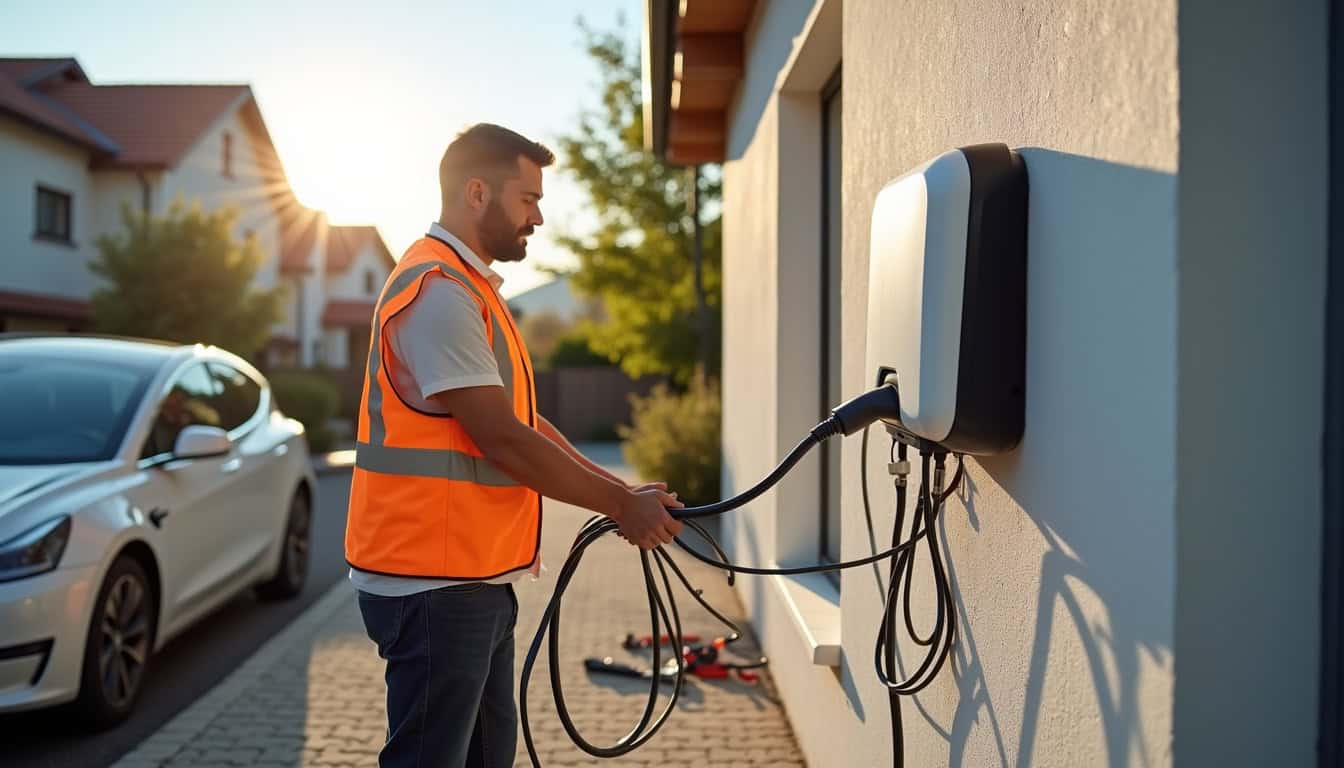 Électricien en train d'installer une borne de recharge électrique à Sadirac
