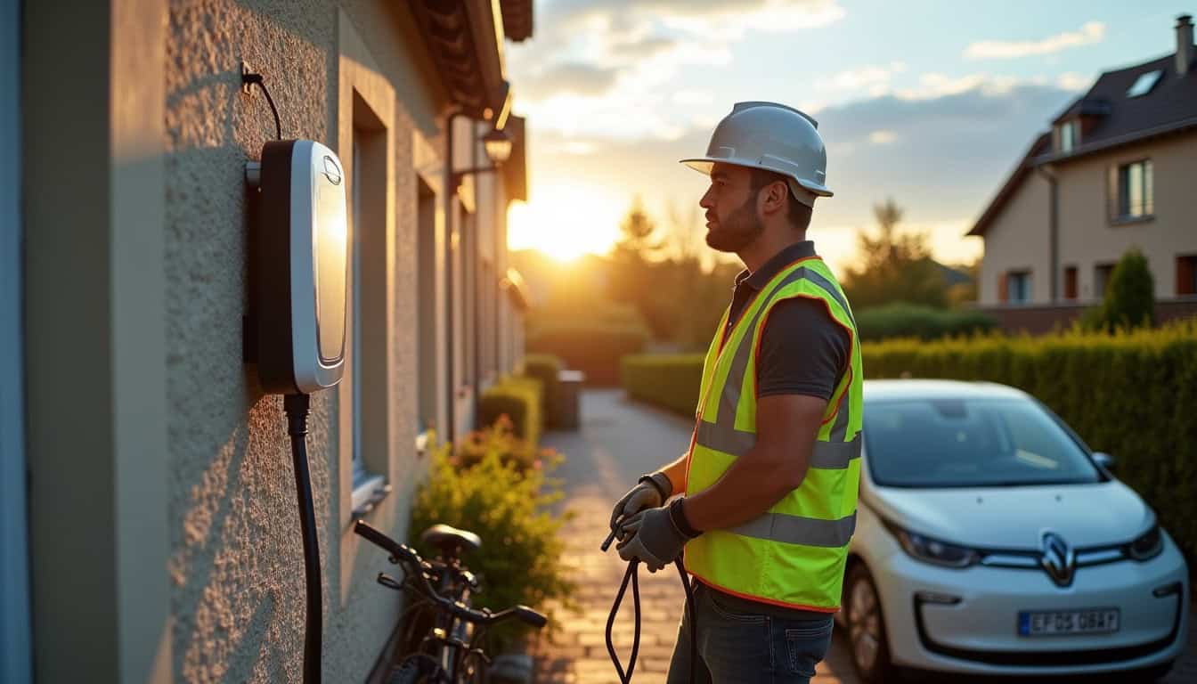 Électricien en train d'installer une borne de recharge électrique à Saint-Denis-en-Bugey