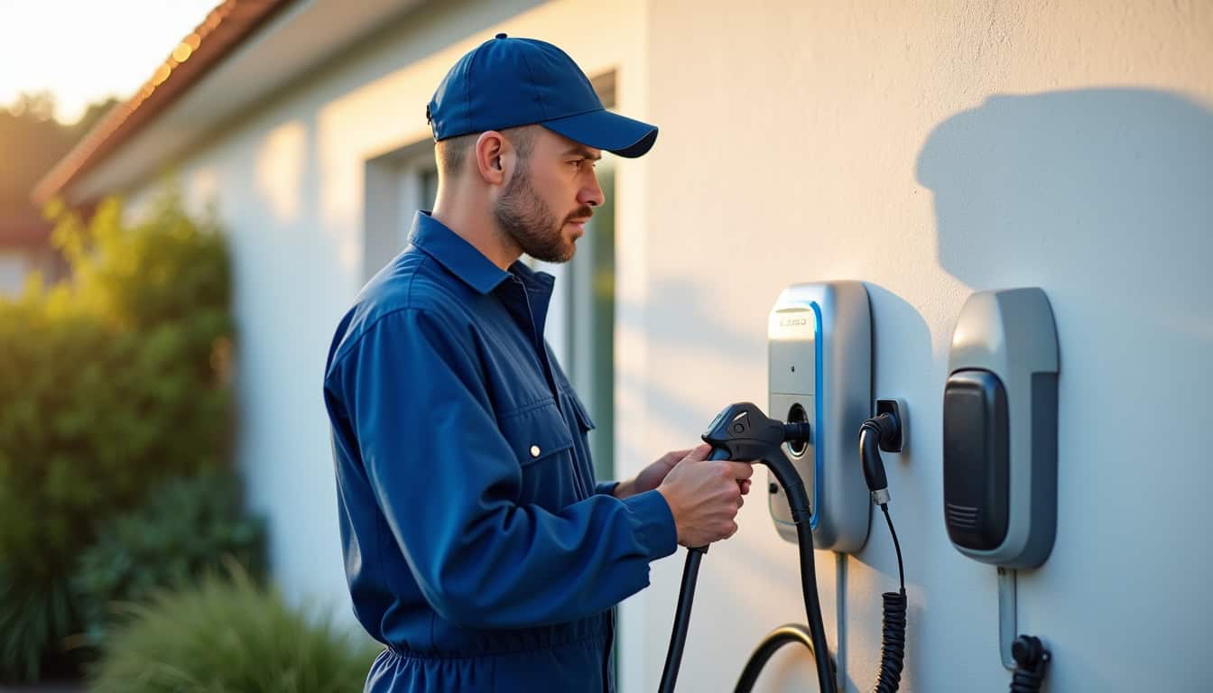 Électricien en train d'installer une borne de recharge électrique à Saint-Julien-les-Rosiers