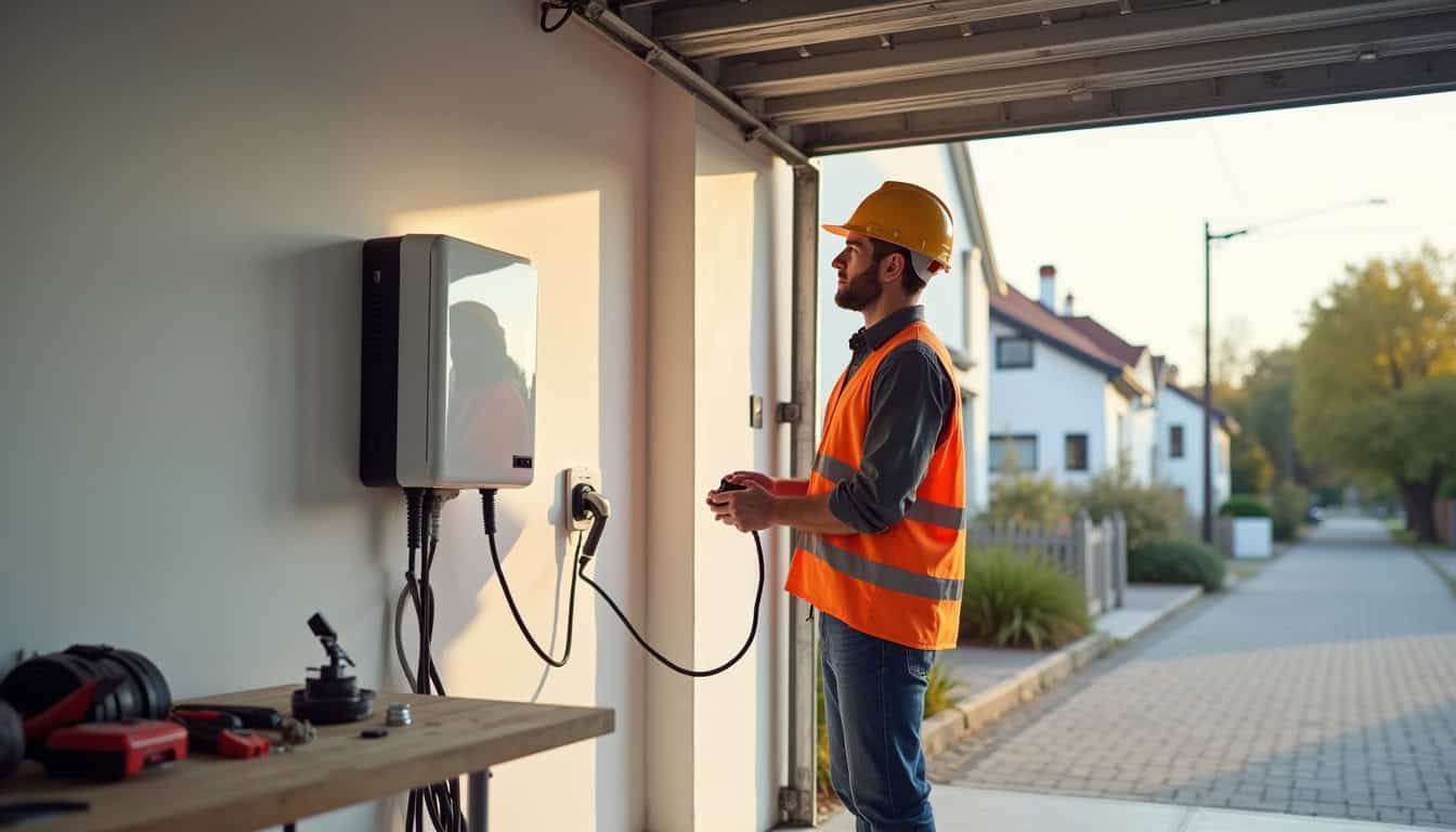 Électricien en train d’installer une borne de recharge électrique à Ustaritz