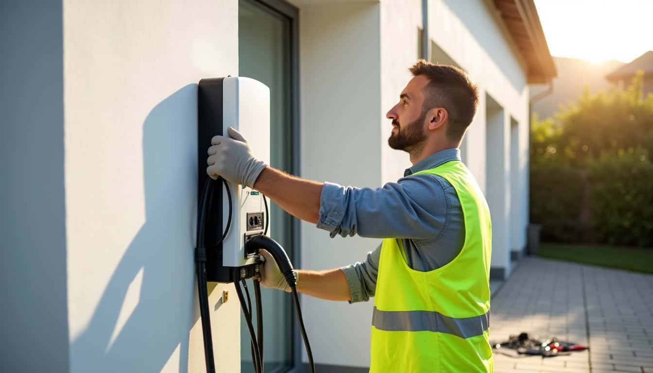 Électricien en train d'installer une borne de recharge électrique à Val en Vignes